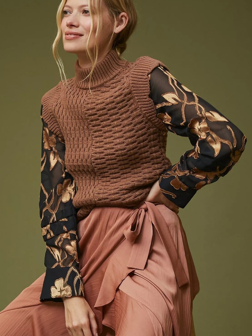 Current Air Floral Brown Turtleneck Top SZ SP